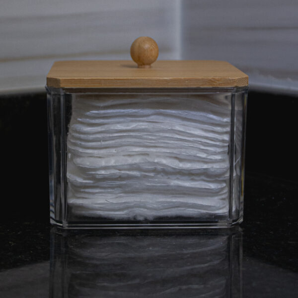 Organizador Acrílico Algodones Bajo Tapa Bambú